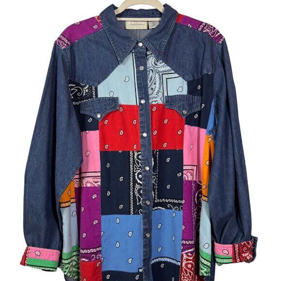 Lemongrass Western Denim Bandana Patchwork Shirt SZ Large - Picture 1 of 9